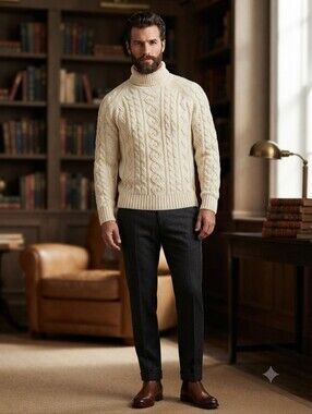 Vintage 70s Sears Kings Road Heavy Fisherman Cable Knit Turtleneck Sweater - Men